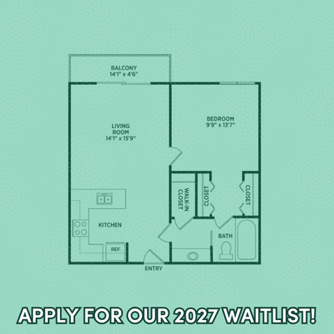 Floor plan for 1 bed, 1 bath, 567 sqft